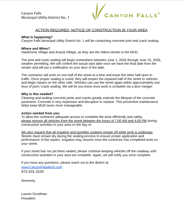 Canyon Falls Road Work Update